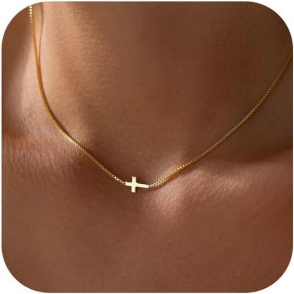 14K Real Gold plated Cross Necklace Pendant Chain for Women Dainty Minimalist